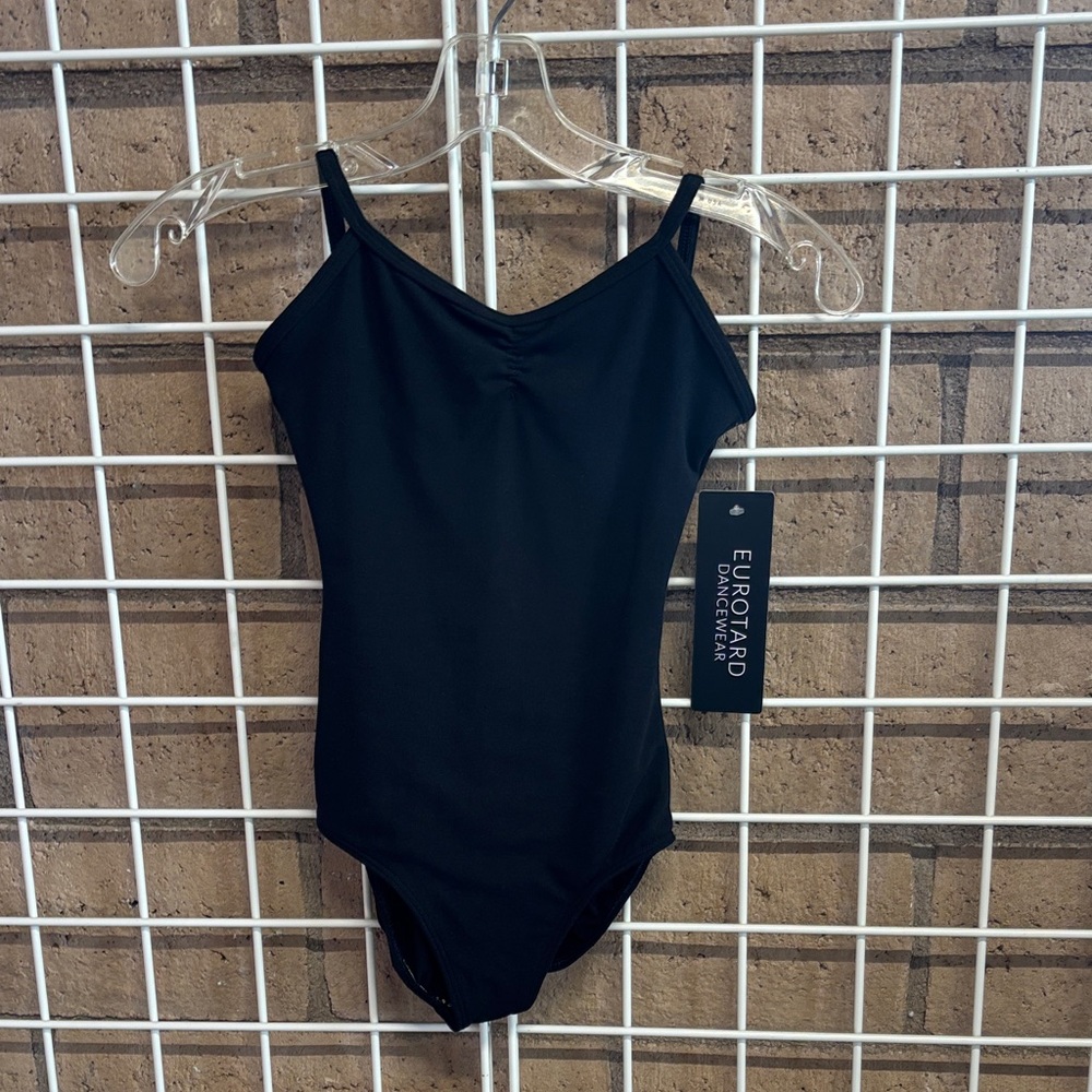 Eurotard-black camisole leotard with V back.